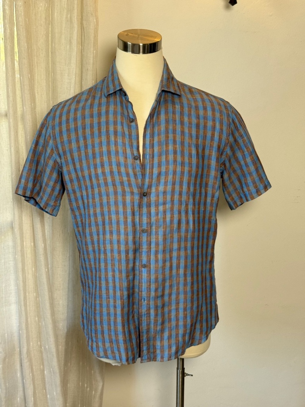 Bugatchi 100% Fine Linen Check Shirt Men's M Blue Brown Luxury Resort Summe